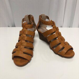 Restricted Cognac Strappy Wedge Sandals Womens Size 8.5 Back Zipper Shoes